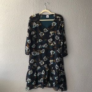 CAbi Floral Dress, Small, Tiered Ruffle Hem, Blue Mini Dress